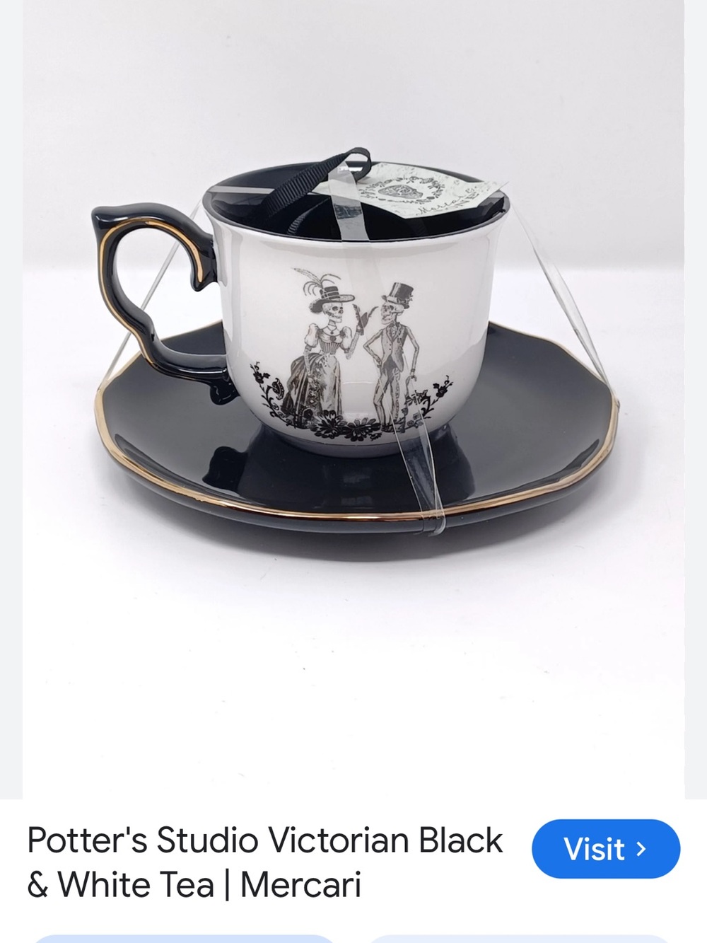 #2799**Black & White Skeleton Couple Teacup and Saucer - Picture 1 of 14